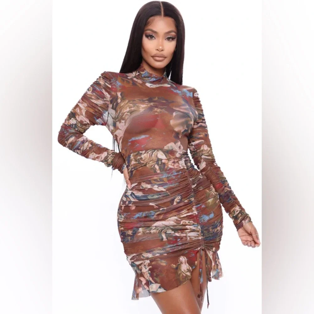 Fashion Nova Angelic Moments Ruched Mini Dress Brown small - Picture 4 of 6